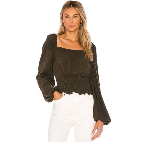 Line & Dot Carmen Cinched Waist Blouse in Olive - Picture 1 of 8
